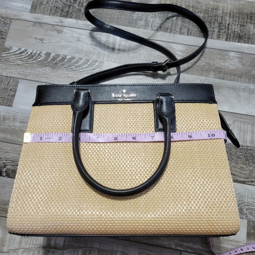 Kate Spade Cameron Black Leather and Woven Straw Medium Satchel